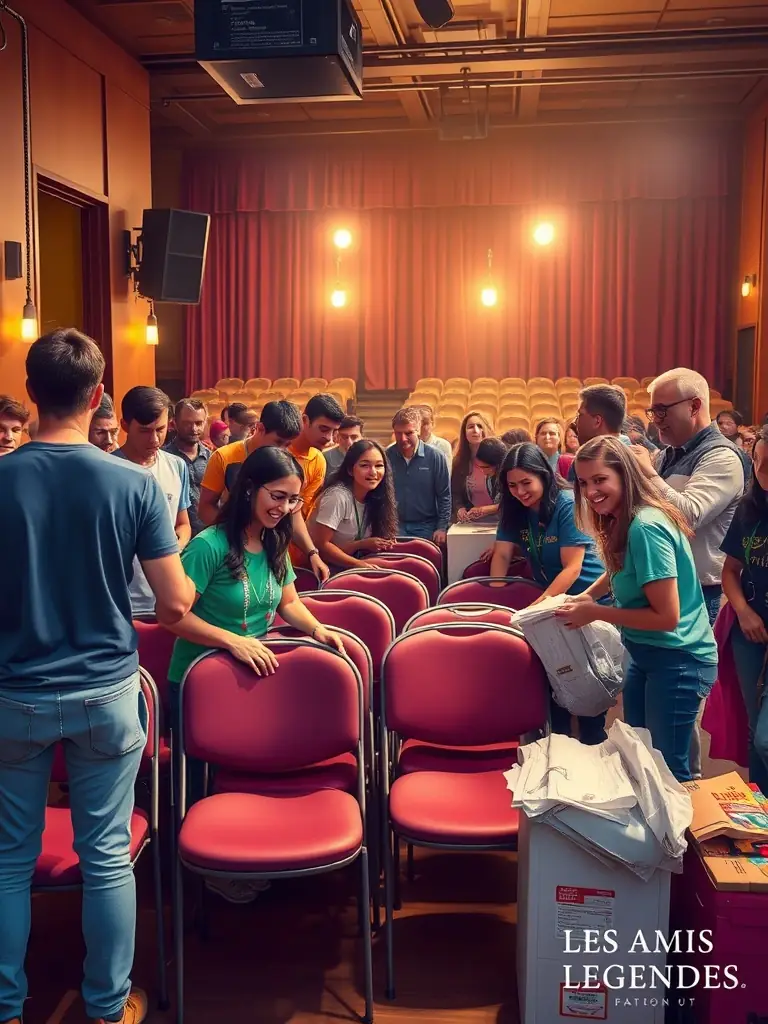 A vibrant photograph capturing volunteers assisting at a local theater performance, showcasing LES AMIS DES LEGENDES' support for the arts.