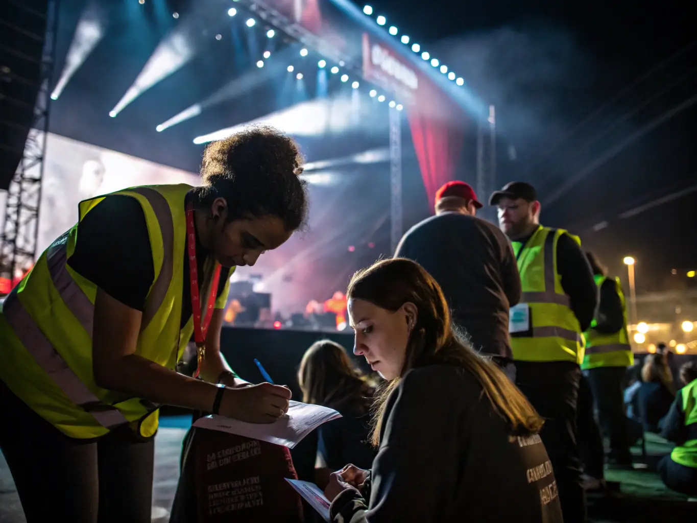 A vibrant image depicting volunteers assisting at a local theater performance, showcasing LES AMIS DES LEGENDES' support for cultural events.