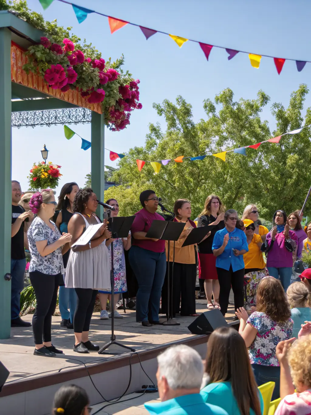 A photo of a diverse audience enjoying a live performance in a community setting, illustrating the organization's mission to expand access to artistic experiences.