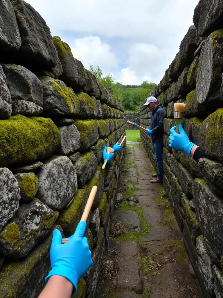 An image of a heritage site being preserved, with volunteers actively involved in restoration work, highlighting the organization's dedication to preserving cultural heritage.